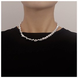 Inilbran Boho Pearl Choker Necklace Vintage Silver Bead Necklace White Beaded Pearl Necklace Pearl Stitching Choker Necklace Jewelry for Women and Girls