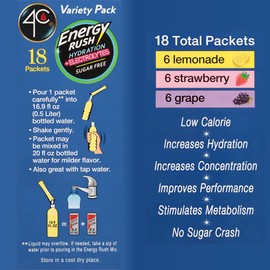 4C Energy Rush PSD with Electrolytes 18ct Variety Pack Stix (Lemonade/Strawberry/Grape - 6 of each stix)