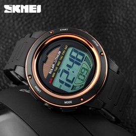 SKMEI Solar Powered Digital Men Women Sports Watch Big Dial 5ATM Water-resistant Multi-function Unisex Wristwatch with Chronograph Alarm Backlight
