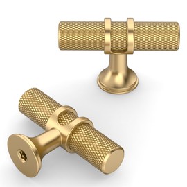 Amerdeco 10 Pack Champagne Bronze Cabinet Knobs 2 Inch Length Single Hole T Bar Kitchen Cabinet Knob Knurled Cabinet Pulls for Drawer Cupboard