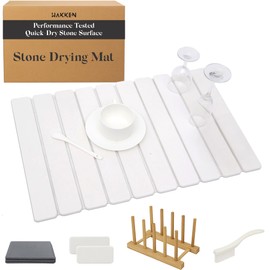 Stone Drying Mat for Kitchen Counter – Large Foldable Diatomaceous Earth Dish Mat, Quick Dry & Absorbent with Bonus Towel, Pads, Rack & Brush – Non-Slip, Durable & Easy to Clean