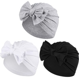 3 Pieces Baby Bow Knot Turban Hats Beanie Headwraps for Toddlers Girls (Black, White, Grey)