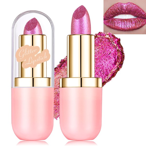 Wugbc Glitter Lipstick Makeup, Holographic Metallic Pink Lip Stick Long