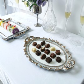 Yamfurga Oval Decorative Mirror Tray, French Style Flower Frame, Makeup Organizer, Jewelry Organizer, Serving Tray, 9.8"x 14.6", Golden Grey