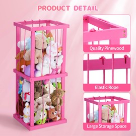 Wooden Stuffed Animal Storage, Extra Large Stuffed Animal Holder Plush Toy Organizer with Elastic Band, Stuffed Animal Zoo Storage for Nursery Play Room Bedroom Corner