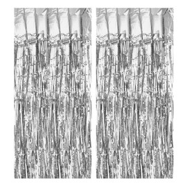 sourcing map 2 Pcs Silver Foil Curtain Backdrop,3.3ft x 8.2ft Tinsel Foil Fringe Curtain Door Streamer for Birthday Graduation Engagement Party Decorations