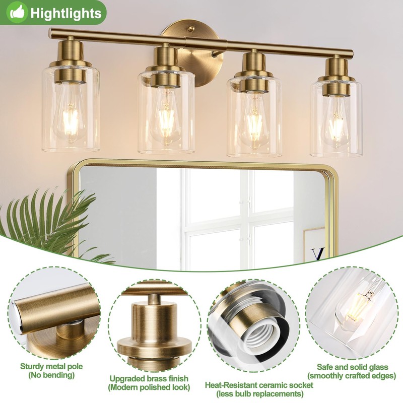 Zarbitta 4-Light Bathroom Light Fixtures, Brushed Brass Modern Vanity Lights