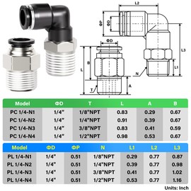 TAILONZ PNEUMATIC TAILONZ PNEUMATIC Elbow and Straight Combination 1/4 Inch Tube OD x 3/8 Inch NPT Thread Push to Connect Fittings PC-1/4-N3+PL-1/4-N3(Pack of 4)