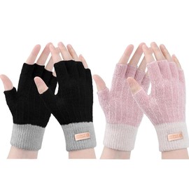 iDopick 2 Pairs Fingerless Gloves for Women Warm, Winter Thermal Gloves Knitted Soft Half Fingers Mittens for Cold Weather Driving Working Typing