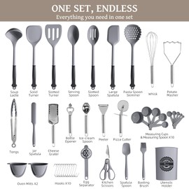 Kikcoin 43Pcs Large Kitchen Utensils Set - Silicone Cooking Utensils Set, Dishwasher Safe Spatula Set for Non-stick Cookware, 446°F Heat Resistant Kitchen Utensils Set with Holder BPA Free, Grey