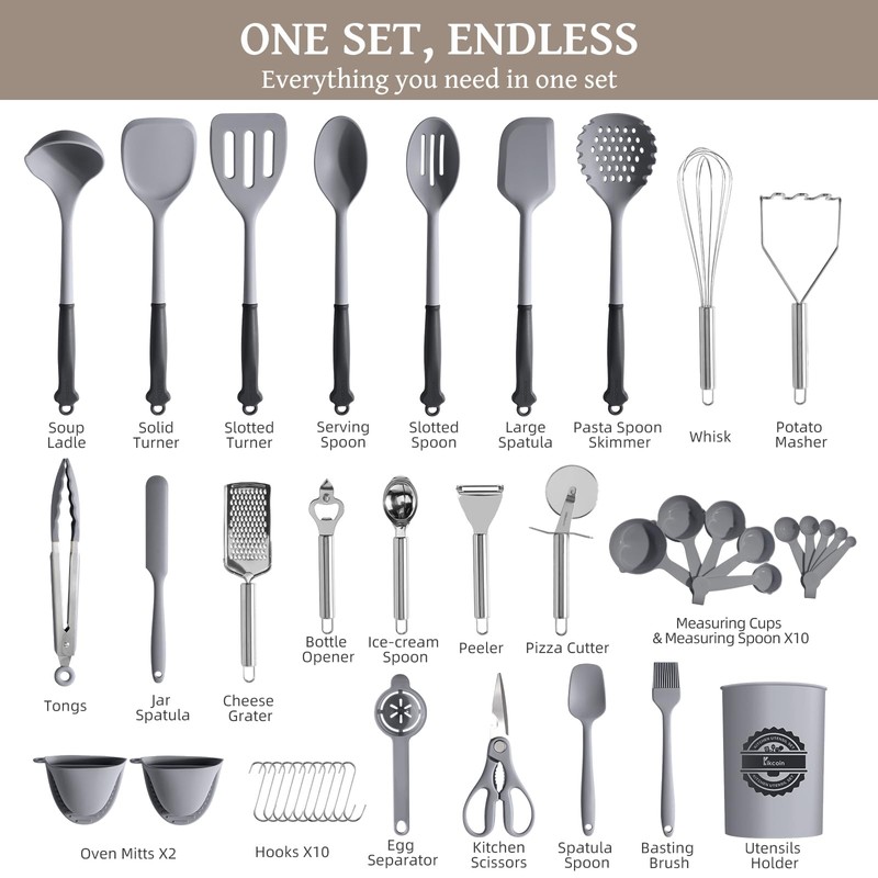 Kikcoin 43Pcs Large Kitchen Utensils Set - Silicone Cooking Utensils