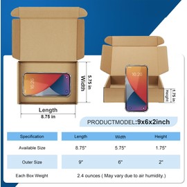 Famagic 12Pack 9x6x2 Small Shipping Boxes - Brown Corrugated Cardboard Mailer Boxes for Small Business, Mailing Boxes for Packaging, Bulk