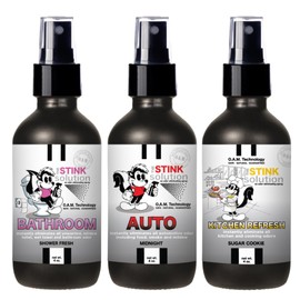 The Stink Solution Car, Kitchen, & Bathroom Odor Eliminator Spray | Trash Can & Toilet Deodorizer, Kitchen Spray, Garbage Odor Remover | 3 4 oz Bottles in Midnight, Sugar Cookie, & Shower Fresh Scents