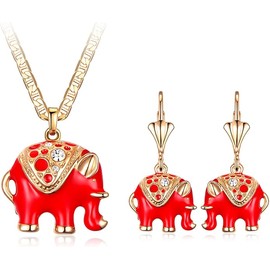 Barzel 18K Gold Plated Elephant Necklace & Earrings Set Red- Made In Brazil