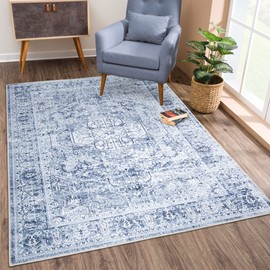 Bloom Rugs Washable Non-Slip 4' x 6' Rug - Ivory/Denim Blue Traditional Medallion Area Rug for Living Room, Bedroom, Dining Room, and Kitchen - Exact Size: 4' x 6'