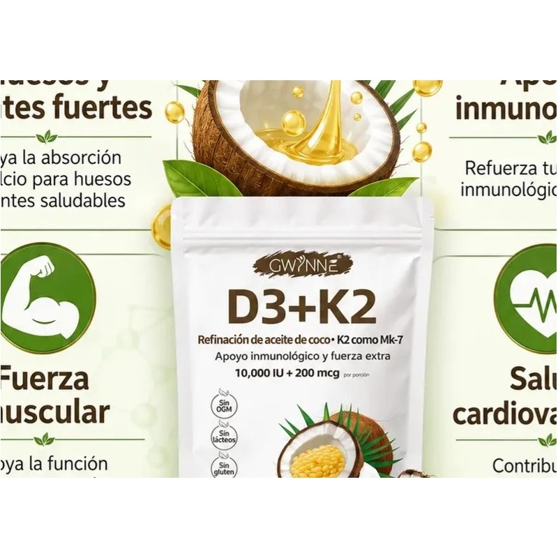 Gwynne Vitamina D3 10.000ui K2 Mk-7 200mcg,120 cápsulas,2 En 1