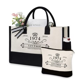 50th Birthday Gifts for Women - Canvas Tote Bag Travel Gear, Unique 50 Years Old Gifts for Wife Sister Mum Aunt Friends Her Turning 50, Vintage 1974 Beach Bag & Cosmetic Bag
