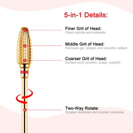 BNG 5 in 1 Carbide Nail Drill Bit Cuticle Remove Acrylic Nails Professional 3/32" Electric Nail Drill Tungsten Steel Bits Manicure Pedicure Professional Salon Tool, Fine, Gold