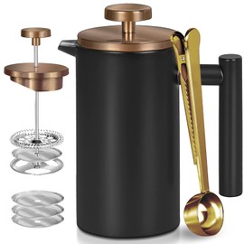 WORBIC French Press, 12oz Double-Wall Insulated French Press Coffee Maker, French Press Stainless Steel with 3 Level Filtration System and 3 Extra Filter Screens, for Home, Office Black