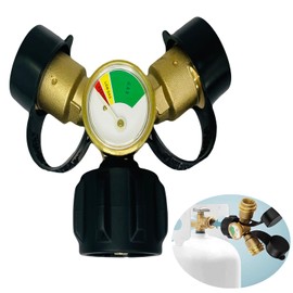 Propane Tank Splitter with Gauge, Propane Splitter 2 Way, Universal Propane Y Splitter Adapter for 5-40 lb Propane Tank Cylinder for BBQ Grills, Camping Stoves, Heaters, RVs, and More, Solid Brass.