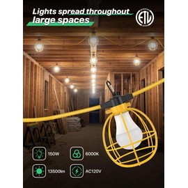 Ipackorin Construction String Lights 100FT: 150W Industrial LED String Work Lights with 10 Replacement Bulbs E26 Base - 6000K Construction Lights with Switch for Temporary Lighting ETL Listed