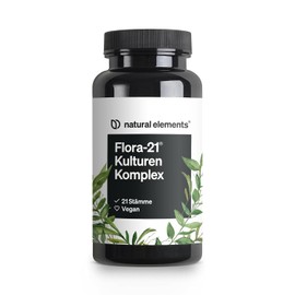 natural elements Flora 21 Culture Complex - 21 Bacterial Strains + Organic Inulin - 60 Enteric Juice-Resistant Capsules - Laboratory Tested, Vegan, High Dose and Produced in Germany