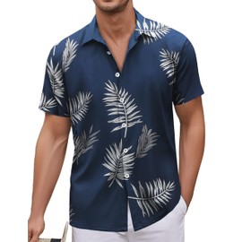 Simmashah Mens Hawaiian Shirt, Short Sleeves Button Down Beach Clothing, Unisex Summer Flamingos Casual Aloha Floral Shirts 2-063 Leaf Blue M