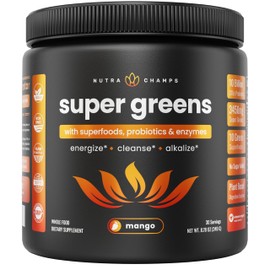 NutraChamps Super Greens Powder Premium Superfood | 20+ Organic Green Veggie Whole Foods | Alfalfa, Spirulina, Chlorella & More | Antioxidant, Digestive Enzyme & Probiotic Blends | Mango