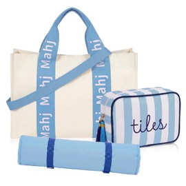 Sanwuta 3 Pcs Large Capacity American Mahjong Set Organizer and Carrier Bag with Removable Rack Holder, Portable Storage Case for Tiles, Racks, Pushers, Dice, Winds, Chips(Blue)