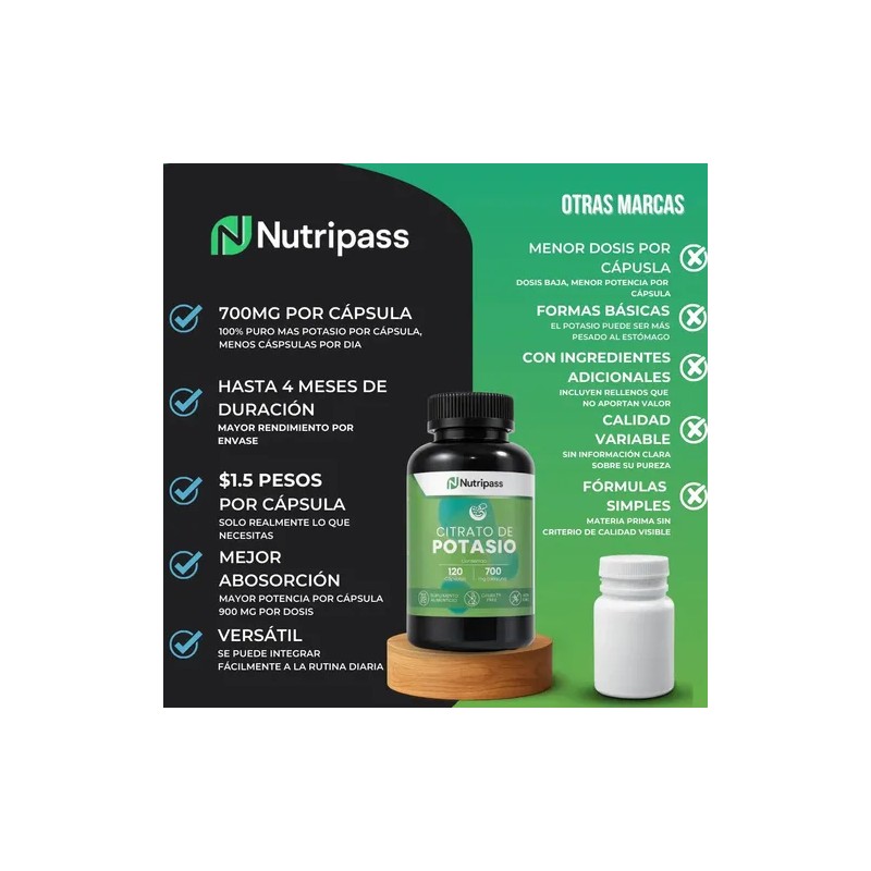 Citrato De Potasio 120 Cápsulas Nutripass 700mg Alta Pureza Sin