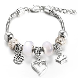 LuLiyLdJ Women's Bracelet Stainless Steel Link Bracelet with Beads and Crystal Pendant Charm Bracelet Pendant