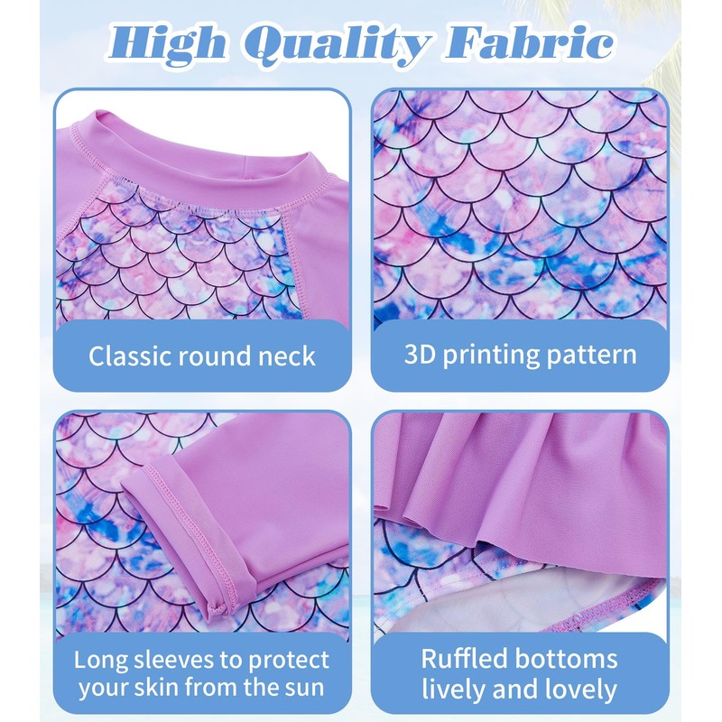 UNIFACO Girls' Two-Piece Swimsuits Long Sleeve Bathing Suits Purple Mermaid