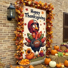 Happy Thanksgiving Door Cover Banner Decorations Fall Maple Leaves Turkey Pumpkin Door Banner for Indoor Outdoor Thanksgivings Fall Party Decorations Supplies