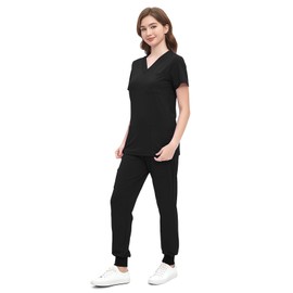 ROMASA Scrubs Set for Women,Soft and Stretchy Nurse Uniform V-Neck Top and Jogger Pants with Multi Pocket Nurse Workwear (Black, Large)