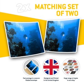 Square Stickers (Set of 2) 10cm - Underwater Scuba Diver Diving Ocean Fun Decals for Laptops,Tablets,Luggage,Scrap Booking,Fridges, #8507