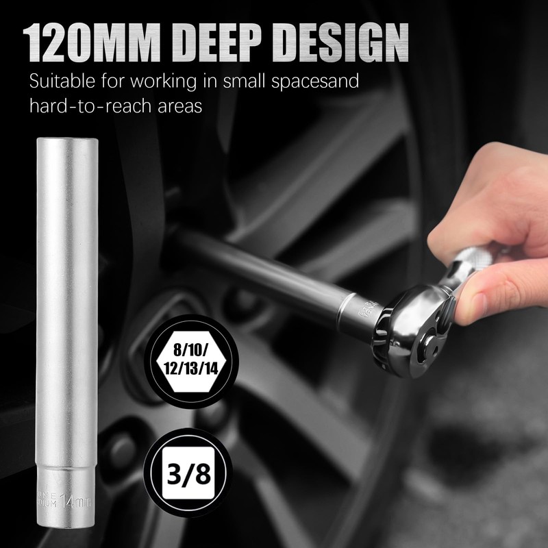 DSBYKJ 5-Piece 8mm-14mm Extended Extra-Deep Hex Metric Spark Plug Socket