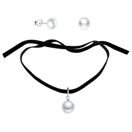 CPSLOVE Women's girl's Pearl Necklace, Women's girl's Earrings, 925 sterling silver pearl jewelry set, Black velvet rope pearl choker necklace, pearl earrings studs, black