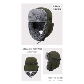 ZffXH Men's Trapper Hat, Army Green Winter Fur Aviator Hunter Hat with Ear Flaps, Mens Bomber Hat, Eskimo Waterproof Elmer Fudd Trooper Hat, Fleece Cap with Flap, Adult Ski Hat with Ear Cover