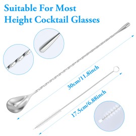 Set of 5 Bar Spoons, Stirrer, Long Cocktail Stirrer, Gin Spoon, Stainless Steel, Professional Cocktail Stirring Spoon with Spiral Pattern for Martinis, Coffee, Bar, Cocktail Shaker with 2 Brushes