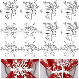 ELECLAND 12Pcs Silver Christmas Napkin Rings Holders,Deer Napkin Holders, Christmas Snowflake Napkin Rings, Xmas Dinner Tables Rings for Winter Party, Christmas Party Table Decorations