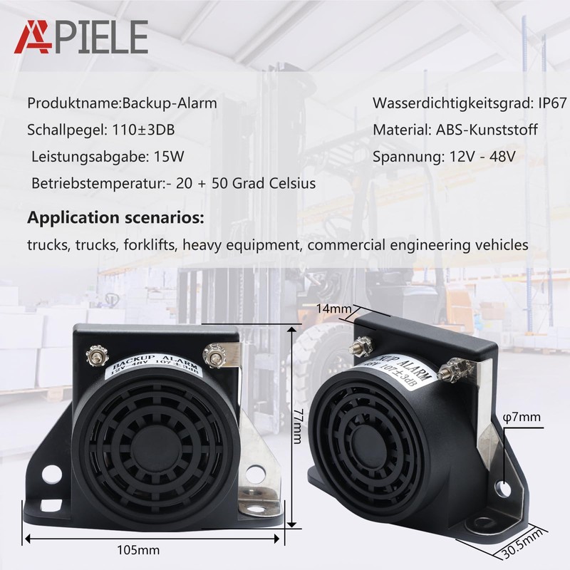 APIELE Truck Reverse Alarm 12V-48V 107±3DB, Waterproof Reversing Alarm for