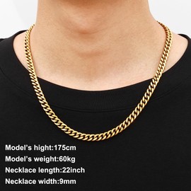 Fiusem Gold Plated Chain Necklace for Men, 9mm 14K Gold Plated Stainless Steel Cuban Link Chain Necklace, Men's Chains 22 Inch