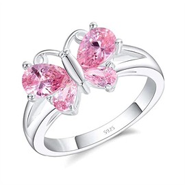QUSIIOSLK 925 Sterling Silver Double Wing with Pink Cubic Zircon Butterfly Ring Sparkling Crystal Celtic Knot Knuckle Ring Cute Animal Birthday Jewelry Gift for Women Size 6-10 7