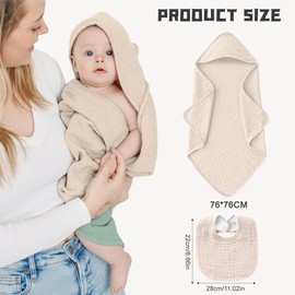 lafo Baby Hooded Towel Set 76 x 76 cm - Muslin Cotton Hooded Bath Towel + U Bib, Soft & Absorbent, Machine Washable - Gift Set for Newborns & Toddlers