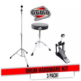 Griffin Kick Drum Pedal, Drummers Throne Seat & Cymbal Stand | Drum Hardware Bundle Kit