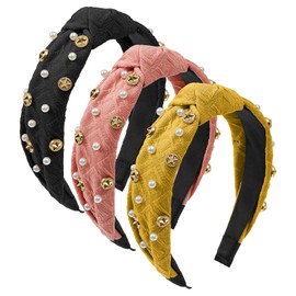 Mirlern 3-Piece Knotted Pearl Headbands Set, Top Knot Wide Cute Headband, Non-Slip Fashion Hair Accessories for Women and Girls (Yellow& Light Pink& Black)