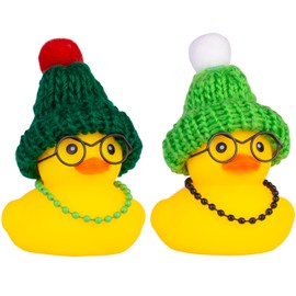 CoFuBcad Car Rubber Ducks Dashboard Decoration 2 Pack Winter Ducks Car Ornaments Accessories with Mini Beanie Hats, Necklaces and Sunglasses(F1)