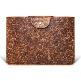 CPNVWA Genuine Leather Laptop Sleeve,Compatible with MacBook Pro 14 Inch M4 M3 M2 M1 Pro/Max Cover,Vintage Protective Computer Case with Floral Pattern,Brown