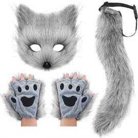 DRESHOW Faux Fur Fox Tail Cat Wolf Cosplay Costume Set Fluffy Plush Mask Paw Gloves Tail for Women Girls