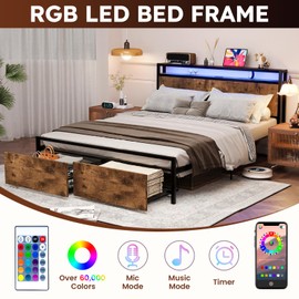 Kiivakii Bed Frame Queen Size with Charged Headboard, Platform Metal Bed with 2 Drawers Storage, RGB LED Lights, Noise-Free No Box Spring Needed, Rustic Brown
